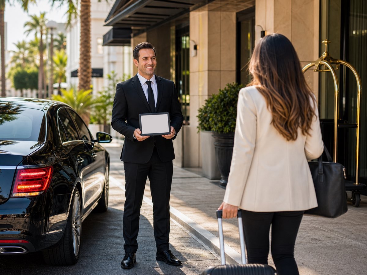 BlackLaneLA chauffeur greeting a client at the curb